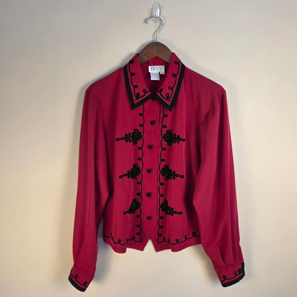 Vintage Tess Button Up Blouse Womens 14 Red Black Beaded‎ Soutache Long Sleeve